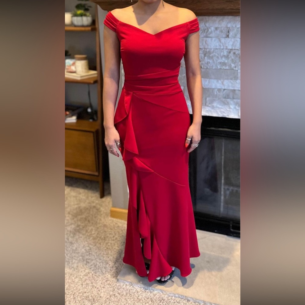 Red Ruffle Off the Shoulder Extra Short XS Long Formal Evening Dress